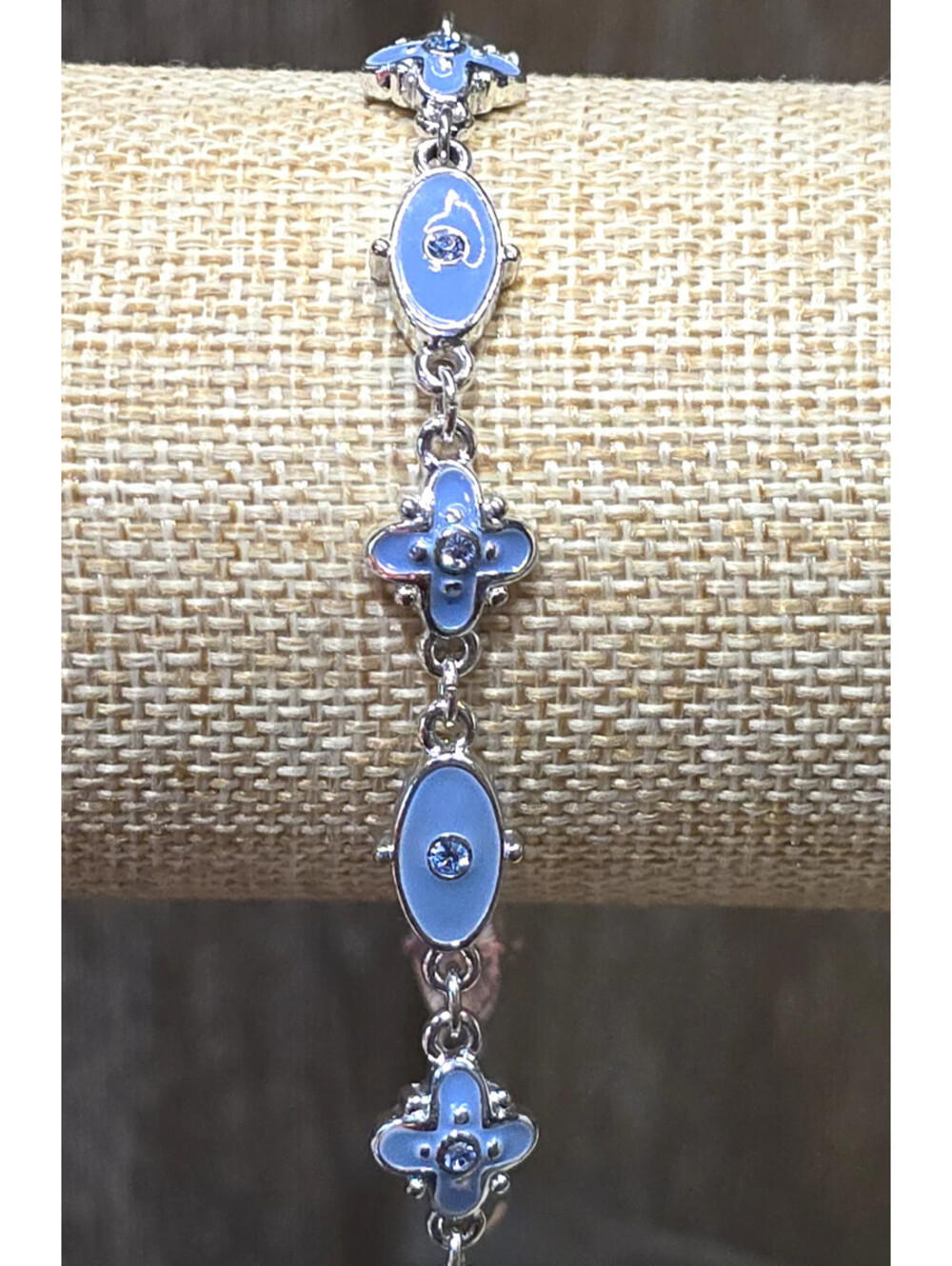 Monet Blue Enamel Rhinestone Link Bracelet Silver Tone